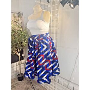 African Print 100%‎ Cotton Wax Cloth Full Skirt Pockets Self Belt One Size Blue